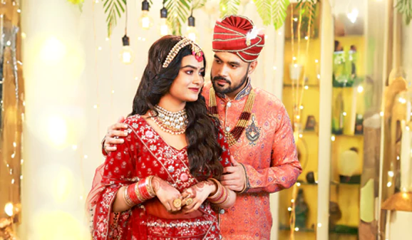 Newlyweds embrace, radiating love