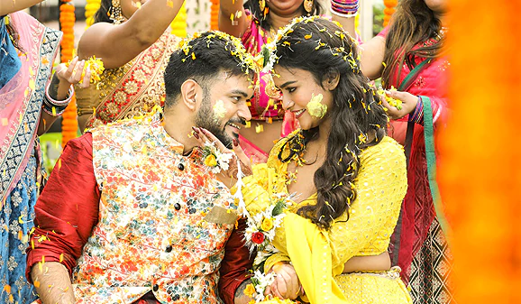 Bride and groom smiling, love in the air